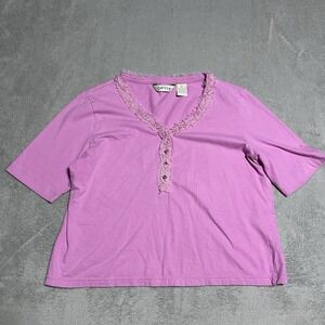 Y2K Orvis Top Womens Medium Pink Short Sleeve Henley Frilly Neckline